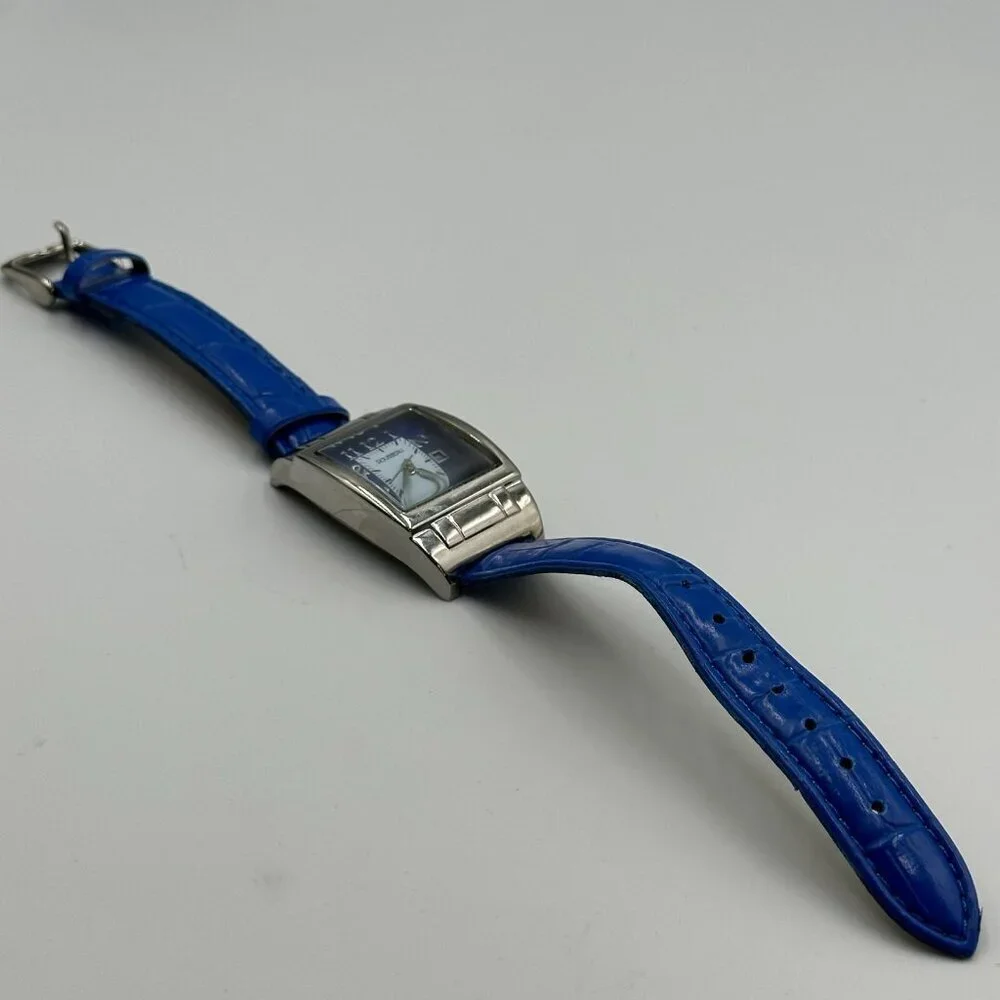 Rousseau Watch Women Silver Tone Square Dial Blue Leather Band New Battery 9